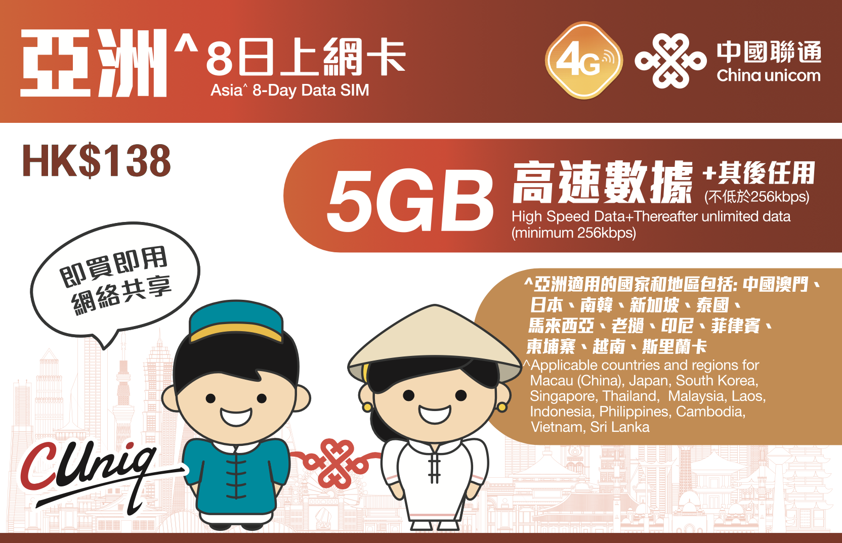 亚洲8日上网卡（5GB）